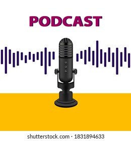 Realistic detailed black microphone. Studio microphone table broadcast podcast. Vector illustration.