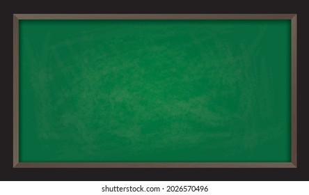 Realistic detailed blackboard texture background. Green old chalkboard texture with wooden frame.