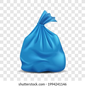 Realistic detailed blue plastic bag full of garbage waste isolated on transparent background. 3d refuse polyethylene trash bag. Vector illustration