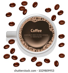 Realistic Detailed Coffee Cup on a Beans Card Poster Top View Morning Fresh Drink for Advertising Cafes and Restaurants. Vector illustration of Coffee Beverage