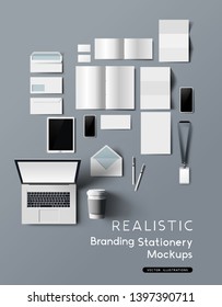 A realistic and detailed collection of business office branding and identity stationery mockups, with smartphones, tablet, notebook and brochures. Vector illustration.