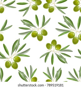 Realistic Detailed Color Olives Branch with Leaves Seamless Pattern Background Fresh Healthy Vegetable Food Tasty Organic Vitamin. Vector illustration of olive 3d