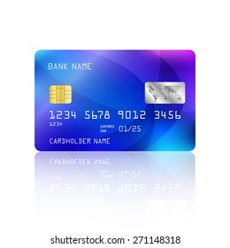 Realistic detailed credit card with abstract geometric blue design isolated on white background. Vector illustration EPS10