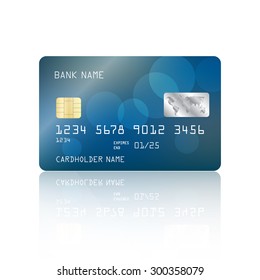 Realistic detailed credit card with abstract blue design with bokeh lights isolated on white background. Vector illustration EPS10