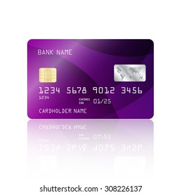 Realistic detailed credit card with abstract geometric purple design isolated on white background. Vector illustration EPS10