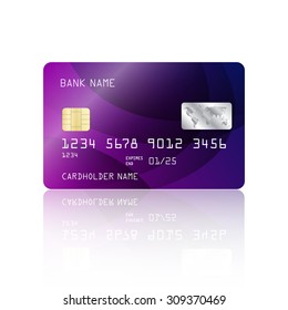 Realistic detailed credit card with abstract geometric purple design isolated on white background. Vector illustration EPS10