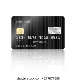 Realistic detailed credit card with black striped geometric design isolated on white background. Vector illustration EPS10