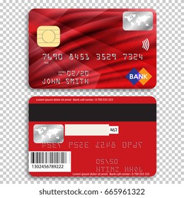Realistic detailed credit card. Front and back side. Vector illustration of a bank card on a transparent background. 