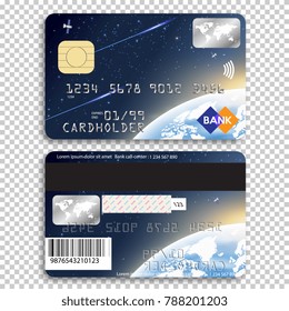 Realistic detailed credit card. Front and back side. Vector illustration of bank card on transparent background.