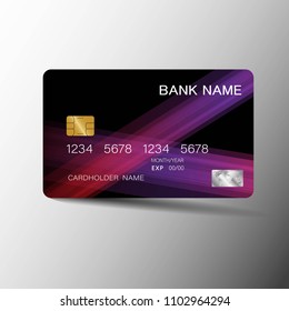 Realistic detailed credit card. Purple and black color on the gray background.