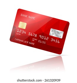 Realistic detailed credit card with red geometric triangular design isolated on white background. Vector illustration EPS10