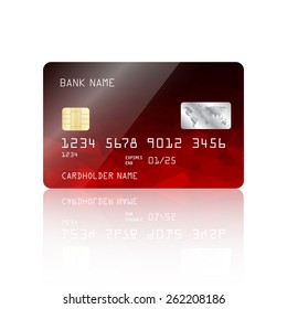 Realistic detailed credit card with red geometric triangular design isolated on white background. Vector illustration EPS10