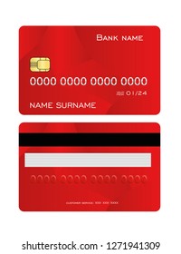 Realistic detailed credit card set with colorful red abstract design background. Front and back side template. Vector illustration.