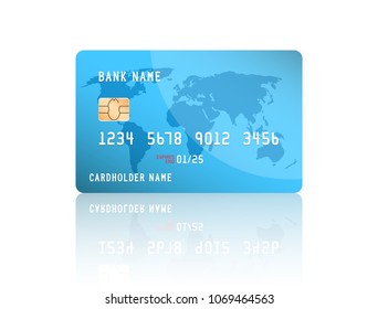 Realistic detailed credit card with the world map on blue background. Vector illustration design