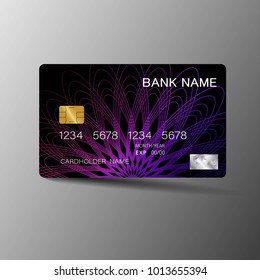 Realistic detailed credit cards. With inspiration from the abstract purple and black color on the gray background. Glossy plastic style. Vector illustration design EPS10