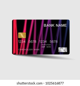 Realistic detailed credit cards. With inspiration from the abstract purple and black color on the gray background. Glossy plastic style. Vector illustration design EPS10