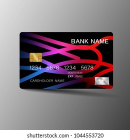 Realistic detailed credit cards. With inspiration from the abstract purple and black color on the gray background. Glossy plastic style. Vector illustration design EPS10