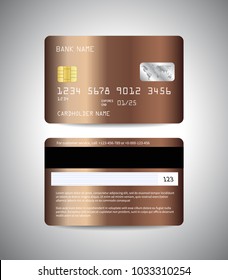 Realistic detailed credit cards set with colorful bronze metallic abstract background design. Front and back side template. Money, payment symbol. Bronze credit card. Vector illustration EPS10