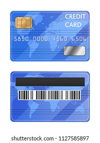 Realistic detailed credit cards set with colorful blue abstract triangular design background. Front and back side template. Money, payment symbol. Vector illustration EPS10