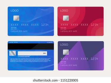 Realistic detailed credit cards set with colorful abstract design background. Blue credit card. Red credit card. Vector illustration design