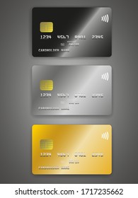 Realistic detailed credit cards set black, silver, gold card. Front side template. Money, payment symbol. Vector illustration