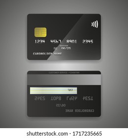 Realistic detailed credit cards set black card. Front and back side template. Money, payment symbol. Vector illustration