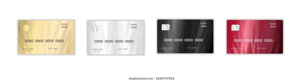 Realistic detailed credit cards set with colorful abstract background design. Gold, silver, black, white, red, credit card. Vector illustration design EPS10
