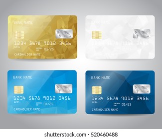 Realistic detailed credit cards set with colorful blue, gold, white triangular design background. Vector illustration EPS10