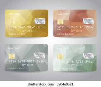 Realistic detailed credit cards set with colorful gold, silver, bronze, emerald triangular design background. Vector illustration EPS10