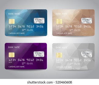 Realistic detailed credit cards set with colorful triangular design background. Vector illustration EPS10