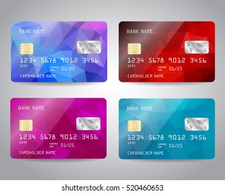 Realistic detailed credit cards set with colorful red, blue, purple triangular design background. Vector illustration EPS10