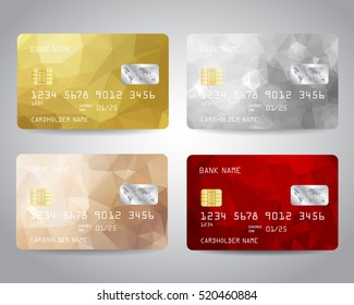 Realistic detailed credit cards set with colorful gold, silver, beige, red triangular design background. Vector illustration EPS10