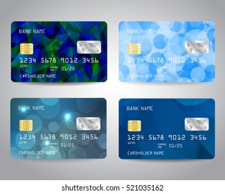 Realistic detailed credit cards set with colorful abstract blue design background. Vector illustration EPS10