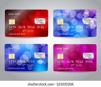 Realistic detailed credit cards set with colorful abstract design background with bokeh lights. Vector illustration EPS10