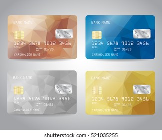 Realistic detailed credit cards set with colorful abstract triangular design background. Vector illustration EPS10