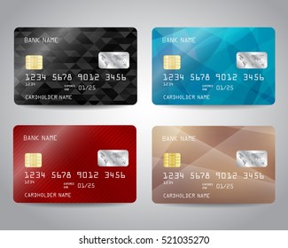 Realistic detailed credit cards set with colorful abstract design background. Vector illustration EPS10