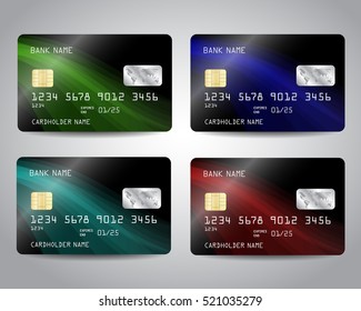 Realistic detailed credit cards set with colorful abstract wavy design background. Vector illustration EPS10