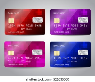 Realistic detailed credit cards set with colorful abstract geometric design background. Vector illustration EPS10