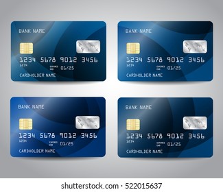 Realistic detailed credit cards set with colorful abstract blue design background. Vector illustration EPS10