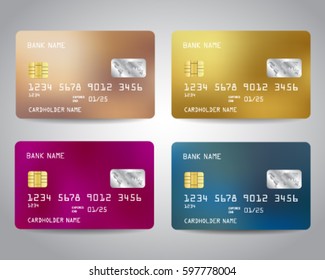Realistic detailed credit cards set with colorful abstract design background. Gold, bronze, pink, blue colors. Vector illustration EPS10