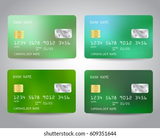 Realistic detailed credit cards set with colorful abstract design background. Green, emerald colors. Credit cards with ecology background. Vector illustration EPS10