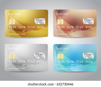 Realistic detailed credit cards set with colorful abstract design background. Golden, golden, bronze, silver, blue colors. Vector illustration EPS10 Golden card