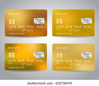 Realistic detailed credit cards set with colorful abstract design background. Gold, golden, yellow colors. Vector illustration EPS10