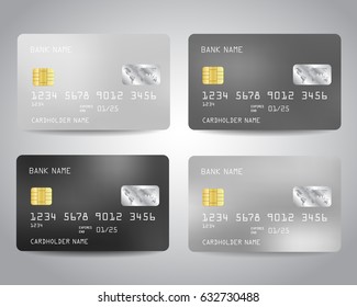 Realistic detailed credit cards set with monochrome abstract design background. White, grey, black, monochrome colors. Vector illustration EPS10