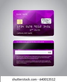 Realistic detailed credit cards set with colorful purple abstract triangular design background. Front and back side template. Money, payment symbol. Vector illustration EPS10