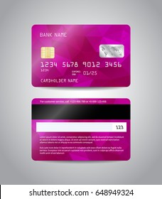 Realistic detailed credit cards set with colorful purple and pink abstract triangular design background. Front and back side template. Money, payment symbol. Vector illustration EPS10