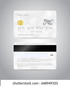 Realistic detailed credit cards set with colorful white abstract triangular design background. Front and back side template. Money, payment symbol. Vector illustration EPS10