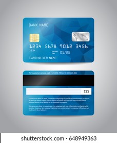 Realistic detailed credit cards set with colorful blue abstract triangular design background. Front and back side template. Money, payment symbol. Vector illustration EPS10