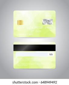 Realistic detailed credit cards set with colorful green abstract triangular design background. Front and back side template. Money, payment symbol. Vector illustration EPS10