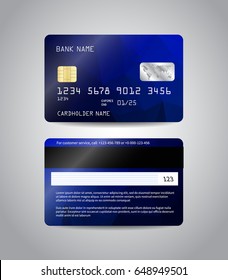 Realistic detailed credit cards set with colorful blue abstract triangular design background. Front and back side template. Money, payment symbol. Vector illustration EPS10